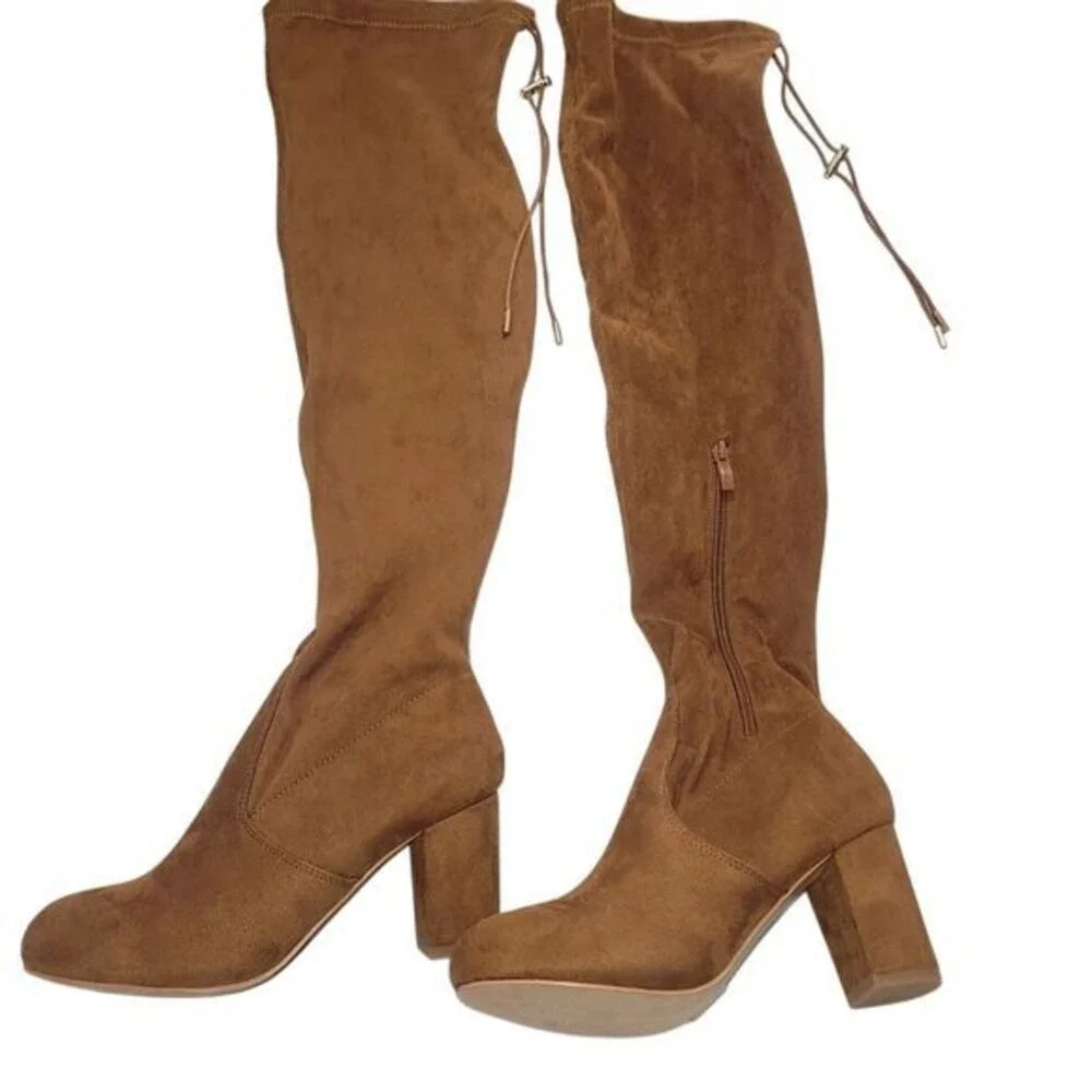 Nature Breeze Over The‎ Knee Boots Womens 8.5 Brown Faux Suede Block Heel Boho